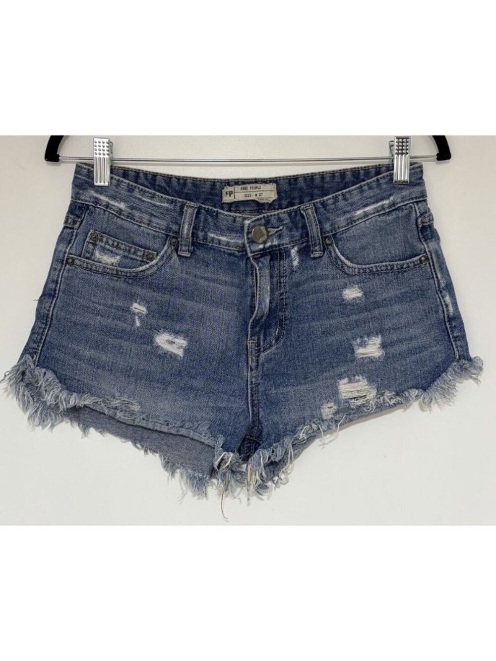 Free People Distressed High Rise Cutoff Jean Shorts Size 27 Pockets Raw Hem